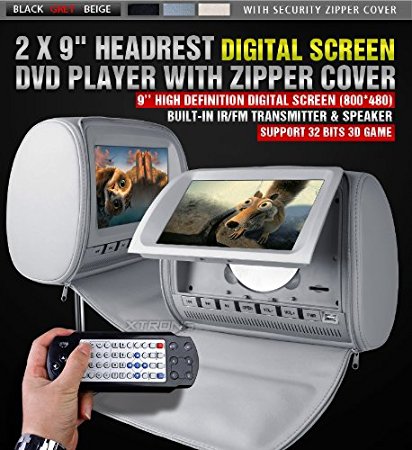 XTRONS Grey 2x Twin Car Headrest DVD Player 9" HD Screen Sd Slot USB Game IR Headsets