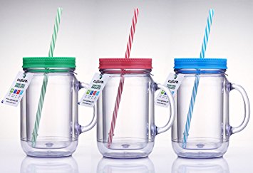 Cupture Double Wall Insulated Plastic Mason Jar Tumbler Mug with Striped Straws - 20 oz, 3 Pack