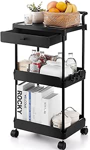 VEVOR 3-Tier Rolling Utility Cart with Drawer, Kitchen Cart with Lockable Wheels, Multifunctional Storage Trolley with Handle for Office, Living Room, Kitchen, Movable Storage Organizer Shelves, Black