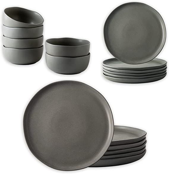 AmorArc Ceramic Dinnerware set (18pcs), Stoneware Plates and Bowls Set,Highly Chip and Crack Resistant | Dishwasher & Microwave Safe, Matte Grey