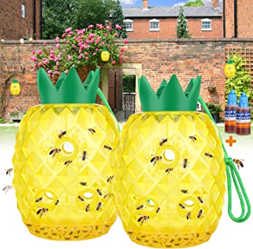 Wasp Trap Outdoor Hanging, Wasp Bee Traps Repellent Outdoor Wasp Deterrent Killer Insect Catcher, Non-Toxic Reusable Hornet Traps Yellow Jacket Traps Outdoor Hanging Pineapple Shape Yellow (2 Pack)