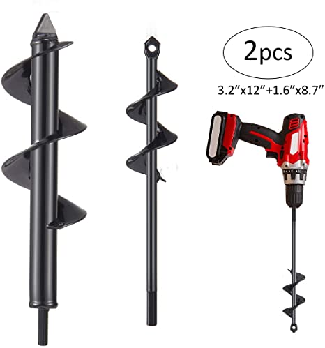 Biubee 2 Pcs Auger Drill Bit- 3.2'' x 12" and 1.6'' x 8.7" Garden Drill Bit Garden Plant Auger Post Hole Digger for 3/8” Hex Driver Drill Planting