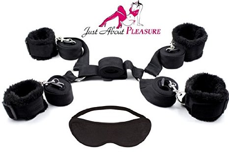 Under Mattress Bed Restraints Fantasy Kit - Complete with No Peeking Blindfold and Soft Plush Furry Ankle and Wrist Restraints