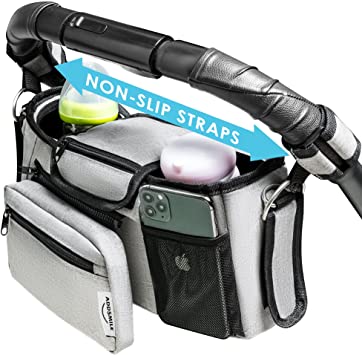 ADDSMILE Universal Baby Stroller Organizer with Insulated Cup Holder Detachable Bag, Stroller Caddy with Shoulder Strap Diaper Storage, Fits All Strollers (Grey)