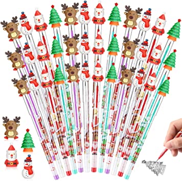 Christmas Pencils Christmas Multi Point Stackable Push Pencil with Christmas Santa Claus, Christmas Tree, Snowman, Elk for Kids Classroom Rewards, Christmas Favors Prize Stuffers (48 Pieces)