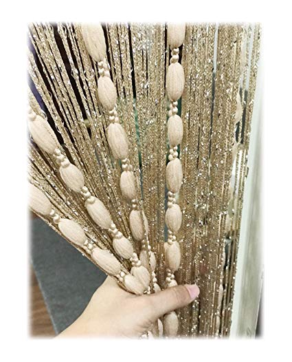 Eyotool Door String Curtain Flat Silver Ribbon Thread with Shaggy Tassel Room Divider, 39’’x79’’, (Gold-style2)