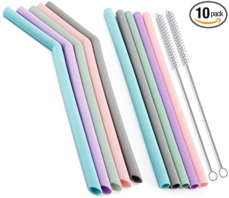 ALINK Reusable Silicone Straws Set of 10 Drinking Straws 10 Inch Long for 20oz 30oz Tumblers Smoothies Milkshakes Coffee- Extra Long Flexible Straws - No Rubber Tast(5 Bent   5 Straight 2 Brushes)