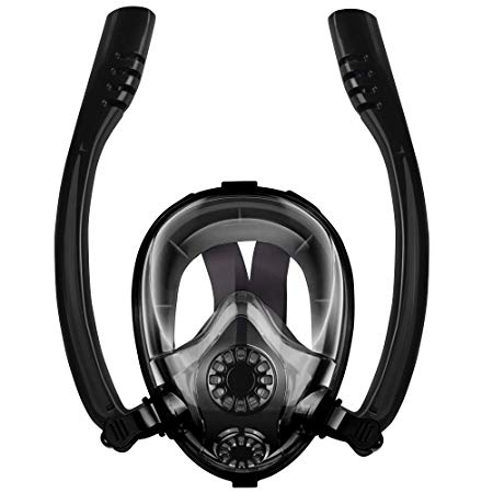 Chriffer Full Face Snorkel Mask 2019 with FLOWTECH Double Tube Advanced Breathing System Panoramic View Anti-Fog Anti-Leak Dry Snorkeling Set with Detachable Camera Mount for Adults