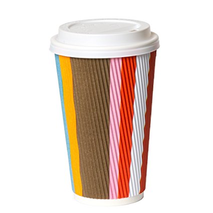 50 Pack - 16 oz To Go Coffee Cups with Lids - Disposable, Insulated & Recyclable Multicolor Ripple Paper Coffee Cups