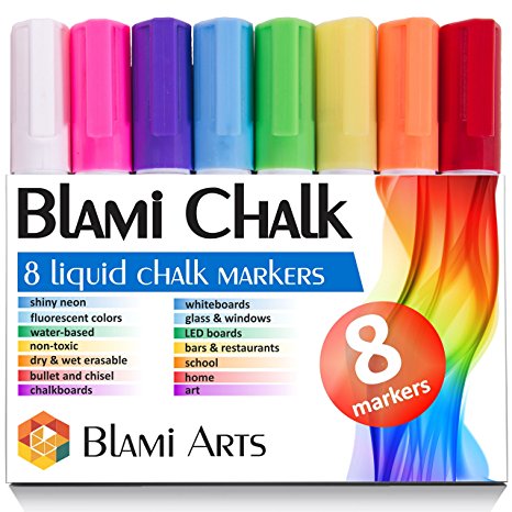 Chalk Markers with reversible bullet and chisel fine tip from Blami Arts. Set of 8 shiny neon liquid chalk pen. Free Your Imagination with unique paint colored chalkboard markers Now!