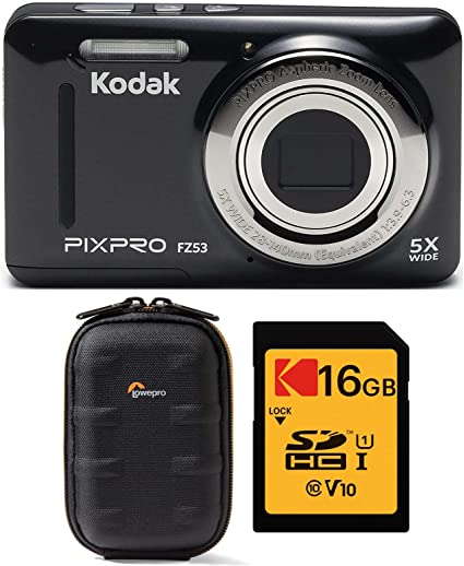 Kodak PIXPRO Friendly Zoom FZ53 Digital Camera (Black) with Lowepro Santiago 20 II Case and 16GB SD Card Bundle (3 Items)