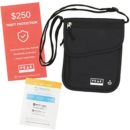 Peak Gear RFID Neck Wallet - Includes Theft Insurance and Global Lost & Found Service