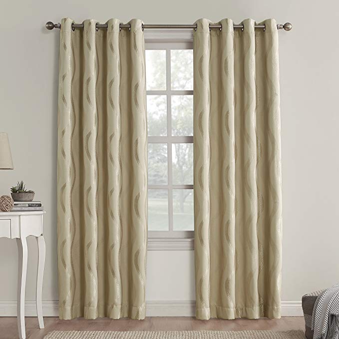 Sun Zero Travis Modern Wave Print Grommet Blackout Curtain Panel, 52" x 63", Ecru