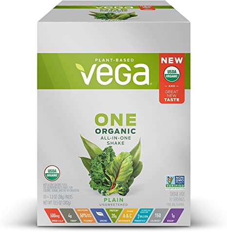 Vega One Organic All-In-One Shake, Plain Unsweetened (10 servings, 13.5 Ounce) - Plant Based Vegan Protein Powder with Vitamins, Minerals, Antioxidants, No Dairy, No Gluten, Non GMO