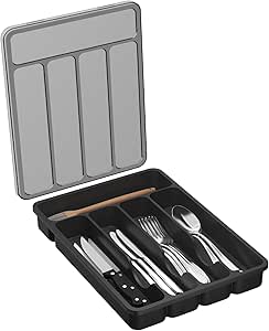 Lifewit Silverware Organizer with Lid, Covered Utensil Tray for Kitchen Drawer and Countertop, Plastic Cutlery and Flatware Storage Box for Spoons Forks Knives Holder Case, 5 Compartments, Black