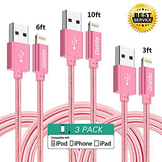 iPhone iPad Chargers Cable,Glaida Lightning Cable,3Pcs 3ft 6ft 10ft Extra Long Nylon Braided High Speed Charging iPhone USB Cable for iPhone 7 Plus/7/6s Plus/6s/6 Plus/6/5s/5/iPad Air/Pro/Mini (Rose)
