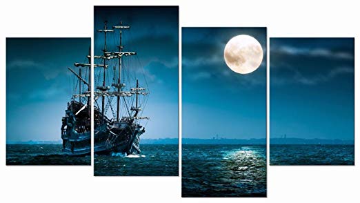 Pyradecor Night Navigation 4 Piece Modern Stretched and Framed Seascape Artwork Giclee Canvas Prints Moon Pictures Paintings on Canvas Wall Art for Living Room Bedroom Home Decorations