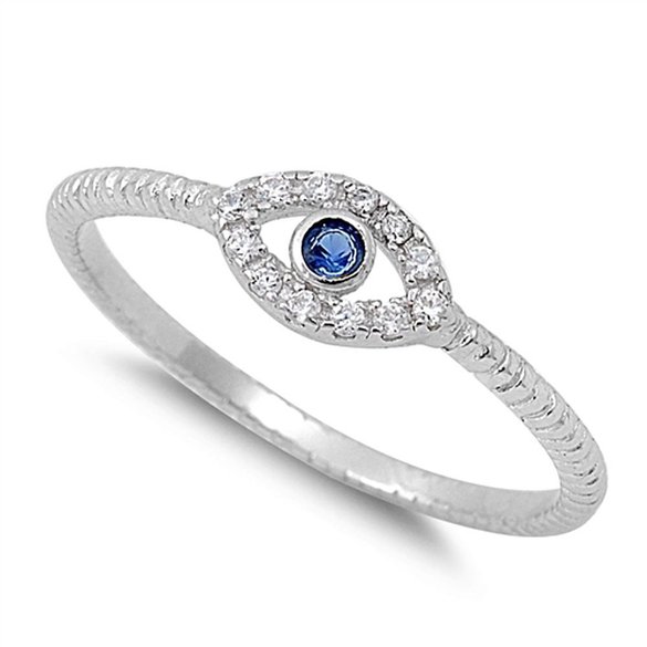 Evil Eye Blue Simulated Sapphire Polished Ring New 925 Sterling Silver Band Sizes 3-13