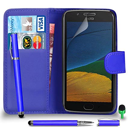 Motorola Moto G5 Case Premium Leather BLUE Wallet Flip Case Cover Pouch with 2 IN 1 Ball Pen Touch Stylus Green Cap Screen Protector & Polishing Cloth