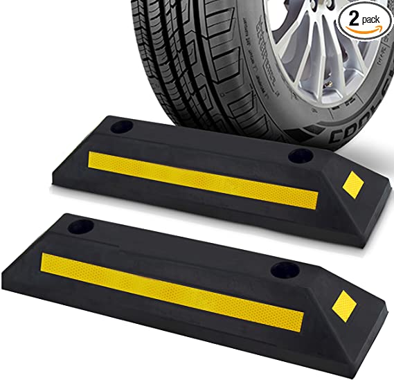 Pyle 2-Pc Curb Garage Vehicle Floor Stopper for Parking Safety 1PC Heavy Duty Rubber Parking Lot Driveway Stopper, for Car Vans Trucks Tire Wheel Guide Block Protect Bumper- PCRSTP11X2