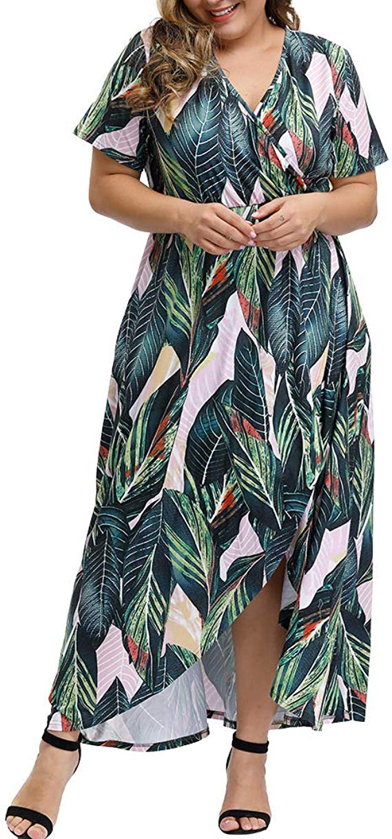 Allegrace Women Plus Size Maxi Dresses Snakeskin Wrap V Neck Summer Casual Flowy Long Dress