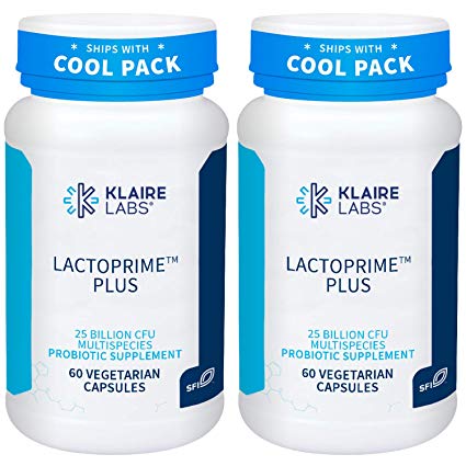 Klaire Labs Lactoprime Plus Probiotic - 25 Billion High CFU for Carb-Sensitive Men & Women, 7 Lactobacillus and 5 Bifidobacterium Blend, FODMAP Compliant & Dairy-Free (60 Capsules, 2 Pack)