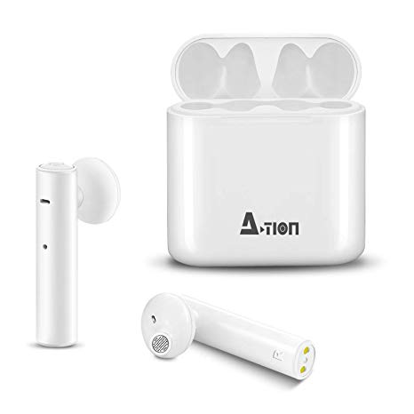 Wireless Earbuds, A-TION True Bluetooth Earbuds with Built-in Mic & Charging Case TWS Stereo Noise Cancelling in-Ear Earphones Compatible with iPhone iPad Android Smartphone (White)