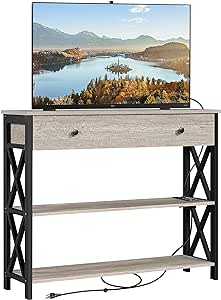 Yaheetech TV Stand with Power Outlets, Entertainment Center with Drawer, Media Console Table for TV up to 45 inch with Open Storage Shelf for Bedroom/Living Room/Hallway, Metal Frame, Grey