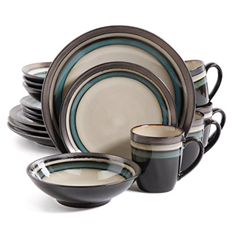 Gibson Lewisville 16 Piece Dinnerware Cream with Teal Reactive Metallic Rim, Cream/Teal