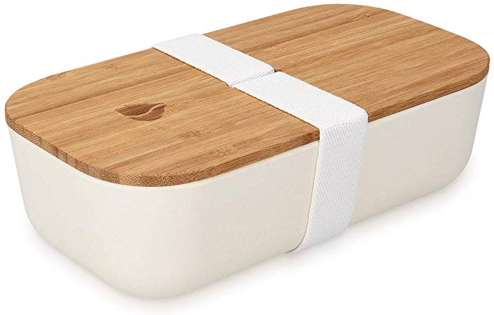 Navaris Bento Box - Japanese Style Lunch Box with Bamboo Lid for On The Go, Meal Prep, Snack Packing - BPA Free & FDA Approved - White, 23 oz