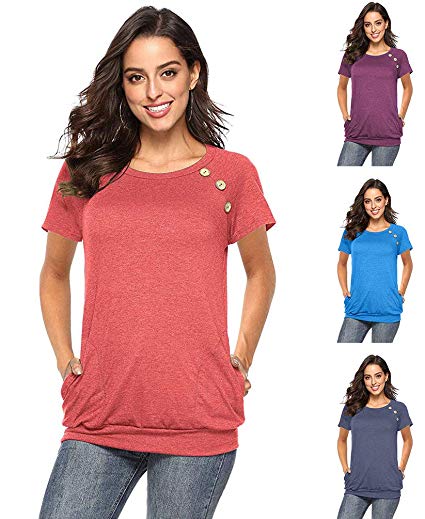 AISONG Women's Short Sleeve T Shirts Casual Button Loose Comfy Tunic Tops
