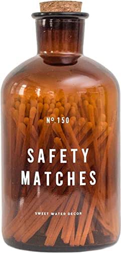 Sweet Water Decor 4" Safety Matches in Large Amber Apothecary Bottle | Rustic Jar of Approx. 150 Decorative Matchsticks with Strike Pad | Cute Candle Accessory Match Holder with Colored Tips (White)