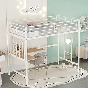 Harper & Bright Designs Twin Size Metal Loft Bed with L-shape Desk, High Loft Bed with Metal Grid and Ladder,Loft Bed for Kids Teens Adults, No Box Spring Needed (White)