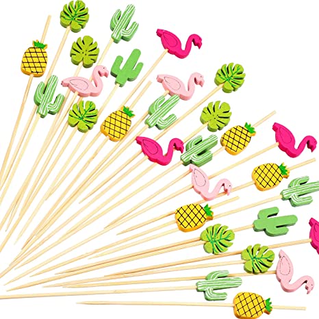 200 Pack Cocktail Picks 4.7 Inch Fruit Sticks Bamboo Toothpicks for Luau Hawaii Beach Party Supplies (Hawaii Set)