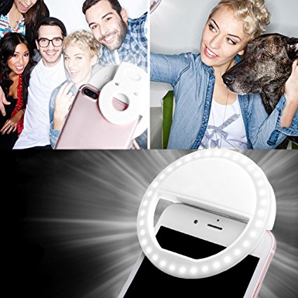 Rockrok Selfie Ring Light[Rechargeable Battery], Clip on Ring light with 36 LED for Smart Phone Camera Photography Video - White