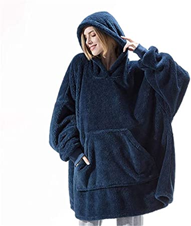 JIAHAO99 Hoodie Blanket Ultra Soft Sherpa Fleece Warm Cosy Comfy Oversized Wearable Giant Sweatshirt Throw for Women Girls Adults Men Boys Kids Big Pocket (Color : Blue, Size : One Size)