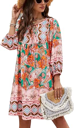 Bluetime Women Casual Summer Dress Boho V Neck 3/4 Sleeve Short Babydoll Floral Print Flowy Beach Dresses