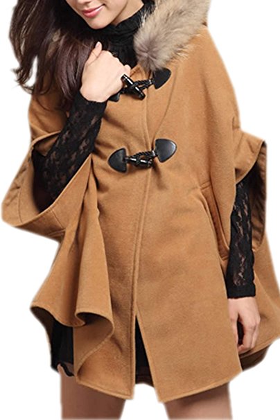Finejo Women's Single Breasted Hooded Coat Batwing Sleeve Poncho Wool Fur Cape