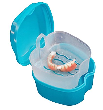 Denture Box, Kemilove Denture Bath Box Case Dental False Teeth Storage Box with Hanging Net Container (Blue)