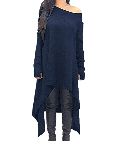 ZANZEA Women's Long Sleeve O-Neck Irregular Hem Jumper Pullover Loose Long Dress