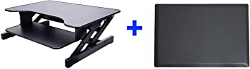 Rocelco 32" Height Adjustable Standing Desk Converter with Anti Fatigue Mat BUNDLE | Sit Stand Up Dual Monitor Riser | Computer Workstation | Large Retractable Keyboard Tray | Black (R ADRB-MAFM)