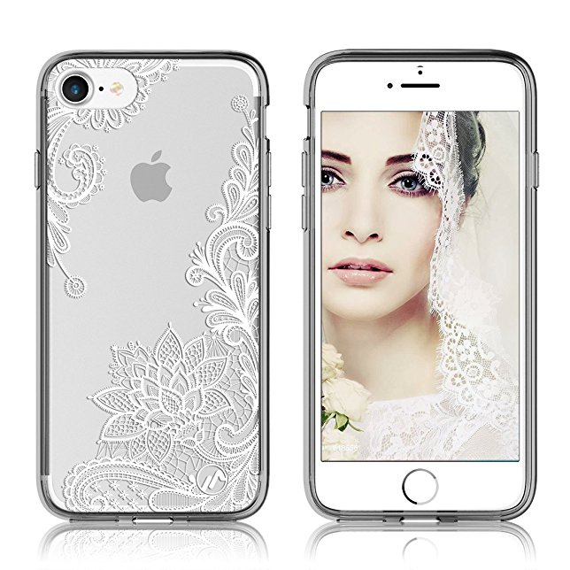 Maxace Extreme Impact Protection Clear Protective Case Hybrid Ultra Slim Thin Flexible Soft TPU Bumper for BOTH Apple iPhone 7 and iPhone 8 2017 (Floral Lace White)