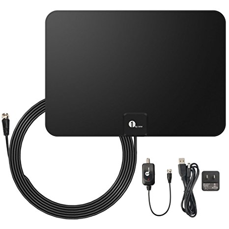 1byone Amplified HDTV Antenna - 50 Mile Range with Detachable Amplifier Power Supply for the Highest Performance and 10ft Coax Cable