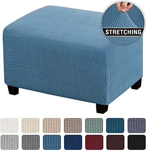Stretch Ottoman Cover Ottoman Slipcovers Rectangle for Living Room Foot Stool Stretch Covers to Fit Ottoman Foot Rest, Thick Checked Jacquard Fabric with Elastic Bottom (Oversized Ottoman, Dusty Blue)