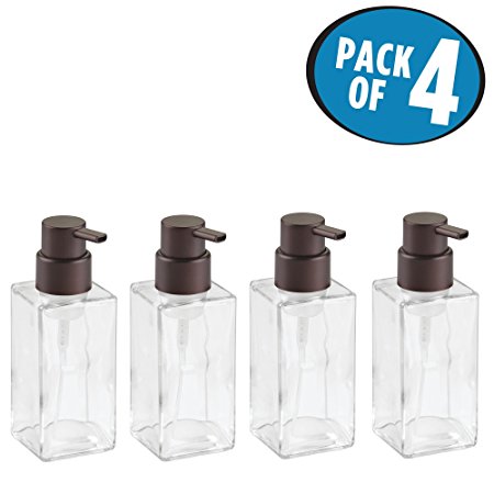 mDesign Foaming Soap Glass Dispenser Pump Bottle for Bathroom Vanities or Kitchen Sink, Countertops - Pack of 4, Square, Clear/Bronze