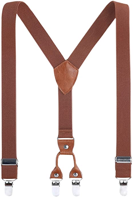 Kids Child Men Boy Suspenders - Adjustable Elastic Solid Color 4 Strong Clips Braces