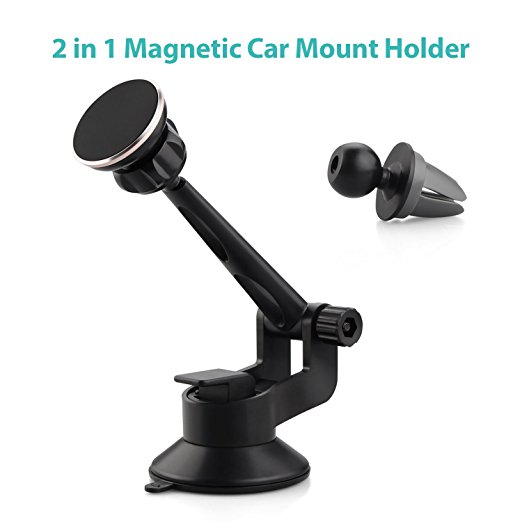 Magnetic Car Mount Holder, 2-in-1 Car Windshield / Dashboard / Air Vent Cradle Mount with 360 Rotation Adjustable Grips for for iPhone 6s Plus 6s 5s 5c Samsung Galaxy S7 Edge S6 S5 Note 5