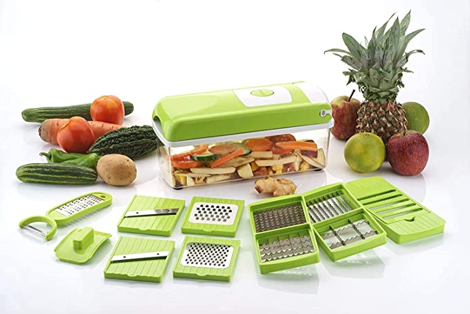 FERVENT Multipurpose Vegetable and Fruit Chopper Cutter Grater Slicer With 11 Blades   1 peeler inside , plastic , Multicolor