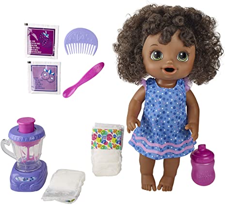 Baby Alive Magical Mixer Baby Doll Berry Shake with Blender Accessories, Drinks, Wets, Eats, Black Hair Toy for Kids Ages 3 and Up