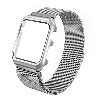 Apple Watch Band, Stainless Steel Mesh Magnetic Replacement Bracelet Strap Wrist Bands with Silver Metal Protective Case for Apple Watch All Sport Edition (38mm Silver) …